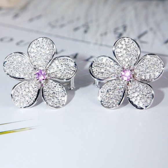 Jewelry - "Silver Plated Sweet Flower Dainty CZ Stud Earrings, FB16FA1155